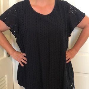 Lane Bryant navy eyelet top with ruffle sleeve in 100% cotton and very cool!